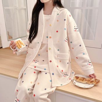 Spring, Autumn and Winter Three-Piece Set Air Cotton Postpartum Feeding and Lactation Crescent Clothing Thickened Warm Pregnant Women's Pajamas during Pregnancy