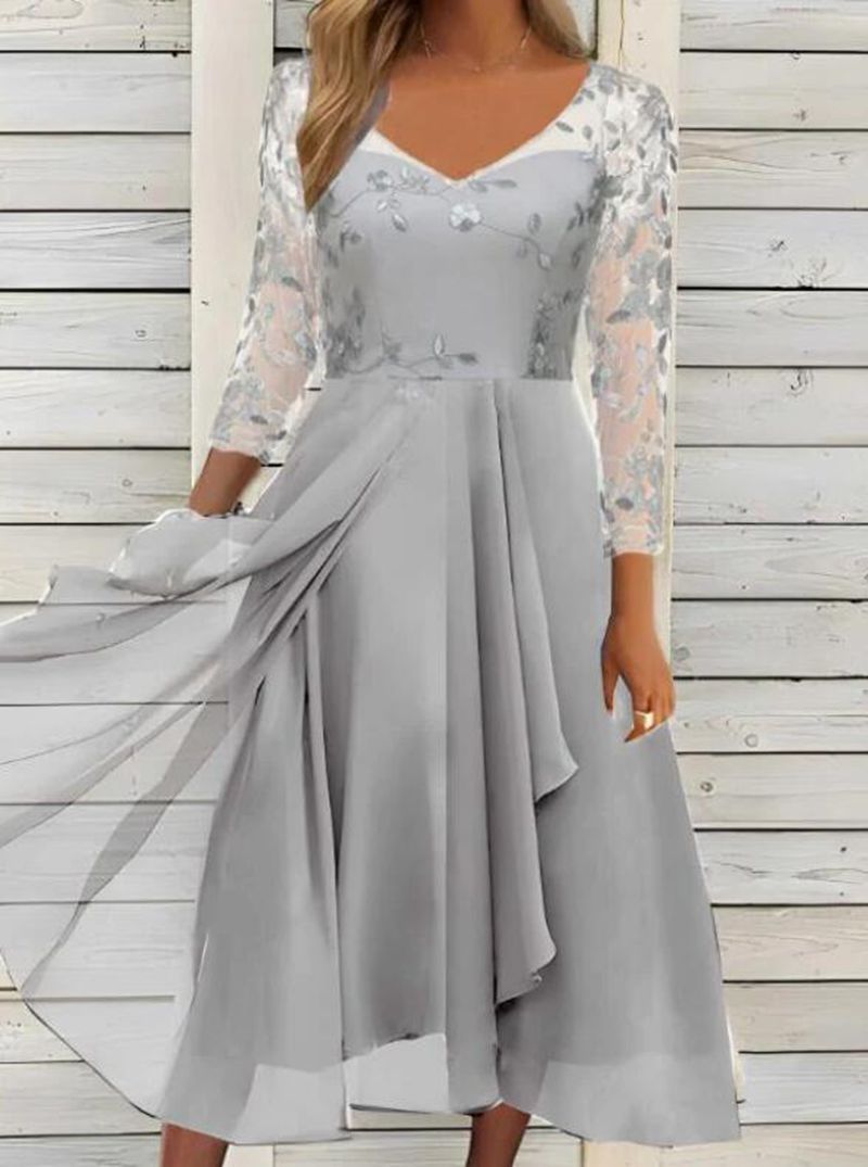 Chiffon V Neck Long Dress with Lace Inserts Elegant Evening Gown for Bridesmaids Available in Multiple Colors and Sizes