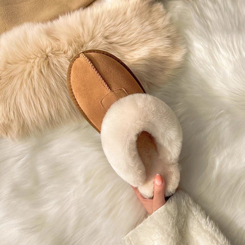 Henan Sangpo Sheepskin One-piece Flat Bottom Baotou Mao Wool Slippers for Men and Women fleece-lined Warm Cotton Slippers