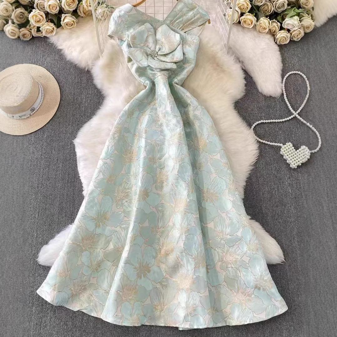 French Embroidered A Line Dress 3D Floral Design High Waist Elegant Summer Style Perfect for Work or Casual