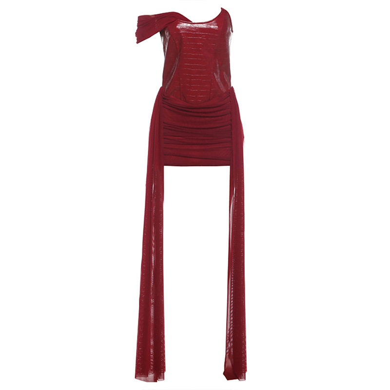 Summer Womens Dress Sexy Strapless One Shoulder Mesh Ruffled Design Bodycon Fit for Parties Wholesale Available