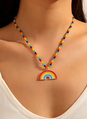 欧美跨境彩虹情侣友谊锁骨链简约多层项链水晶彩虹吊坠好朋友项链