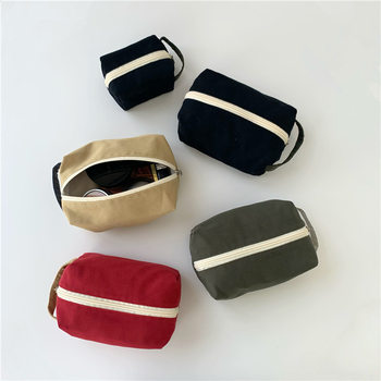 Large Canvas Color Contrast Cosmetic Bag Cotton Solid Color Simple Japanese Style Commuter Storage Wash Bag Japanese and Korean Style