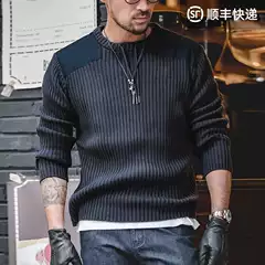 Madden Workwear American Retro Vertical Striped Patchwork Sweater Round Neck Slim Fit Tough Guy Style Tactical Knitwear Men's Spring