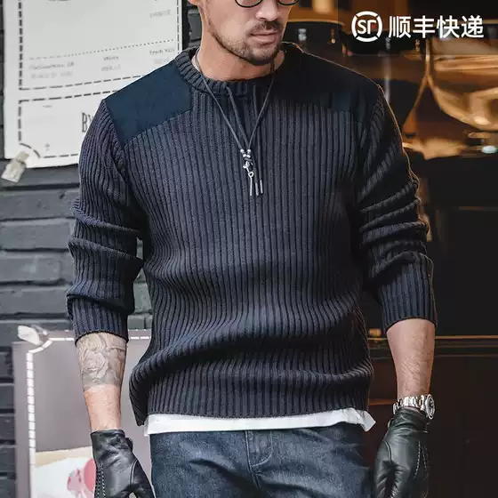 Madden Workwear American Retro Vertical Striped Patchwork Sweater Round Neck Slim Fit Tough Guy Style Tactical Knitwear Men's Spring