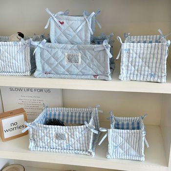 Original Blue Stripesd Quilted Storage Basket Desktop Goodies Storage Basket Storage Box Cosmetics Snacks Sundries Organizer Bag
