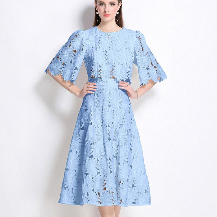 French Style Hollow Lace Set Short Flare Sleeve Shirt High Waisted Skirt Summer Fashion for Women Wholesale Available