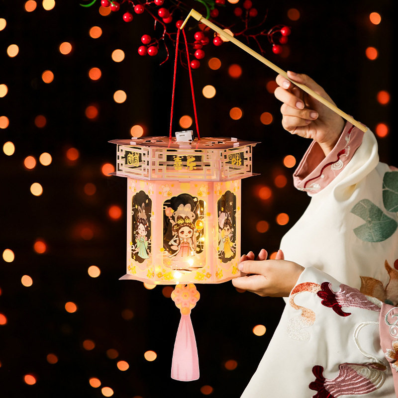 Mid-Autumn Festival Lanterns, Kidsren's Satchel Retro Lanterns, Handmade DIY Material Package, Projection and Light-Emitting Hexagonal Palace Lanterns
