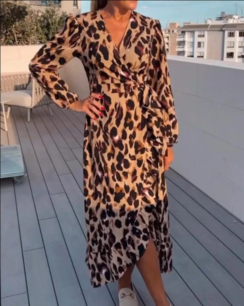 Casual Womens Dress V Neck Long Sleeve Leopard Print Comfortable Fabric Perfect for Everyday Wear Wholesale