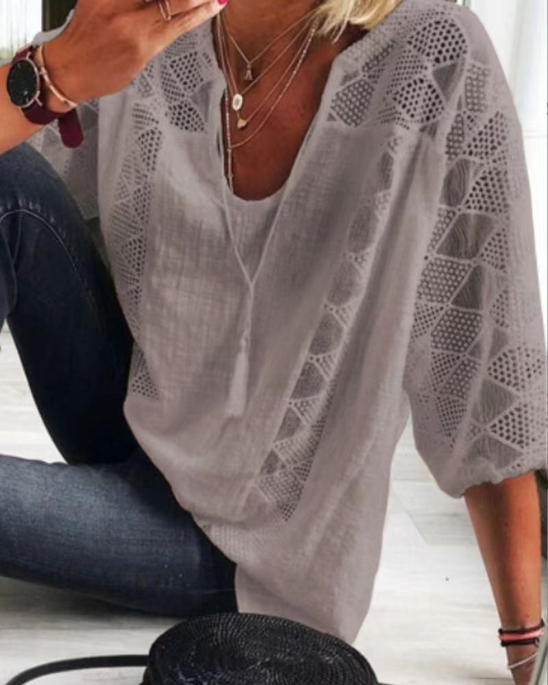 Lace Top Hollow Out Design U Neck Three Quarter Sleeve Casual Wear for Women Wholesale Available