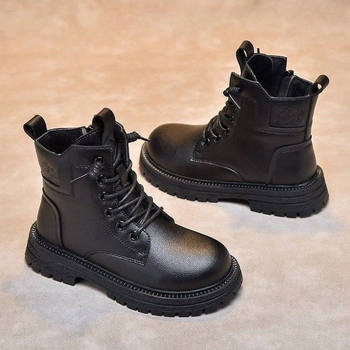 Children's Genuine Soft Leather Boots Autumn and Winter New Girls' Fashion Boots British Style Fleece-Lined Men's Cotton Boots Girls' Short Boots