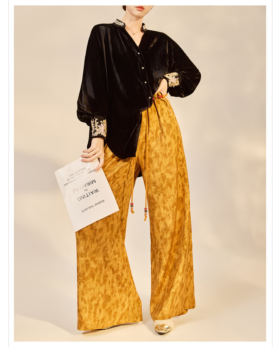 Quần ống rộng nữ họa tiết in hai mặt thắt lưng dây buộc phong cách nhẹ nhàng P9028 — Amber (7 ngày)