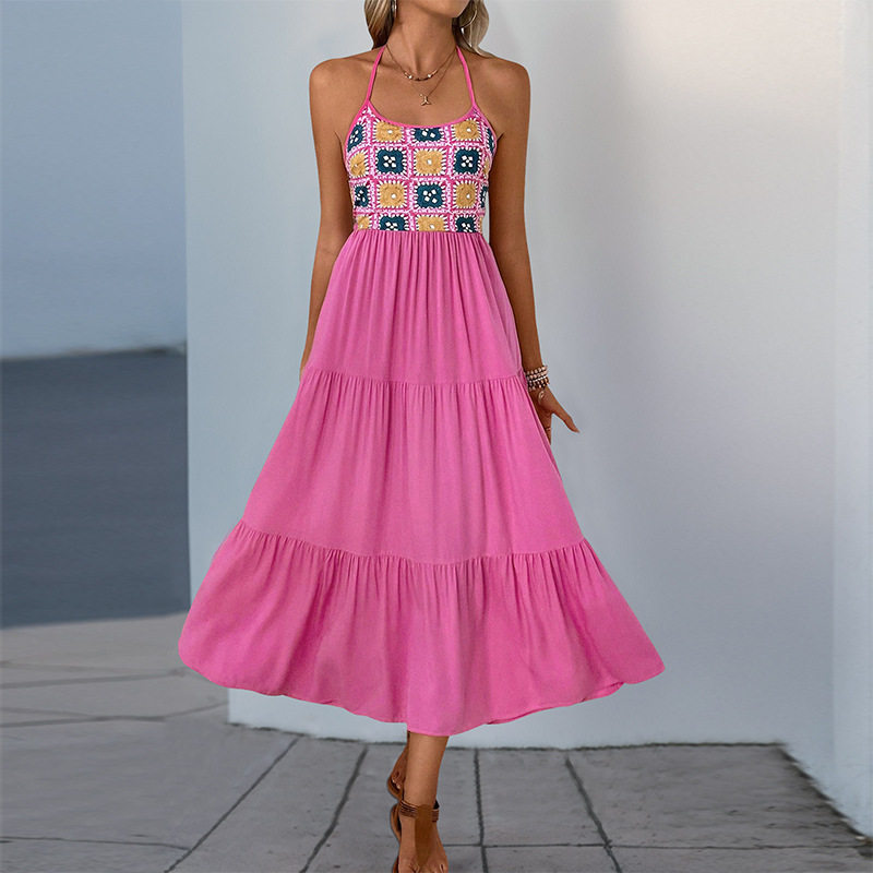 Sweet Pink Halter Neck Dress Color Block Design Beach Vacation Style Perfect for Summer Getaways Wholesale Available