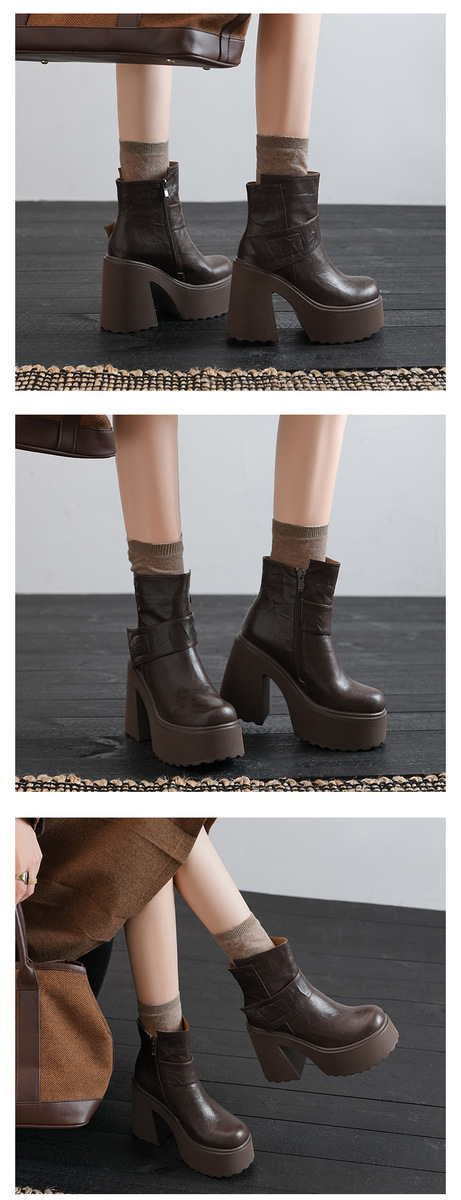Boot nữ da cừu gót thô đế dày tăng chiều cao khóa kéo bên hông — Lớp lót đơn màu đen, Lớp lót đơn màu nâu, Lót nhung đen, Lót nhung màu nâu