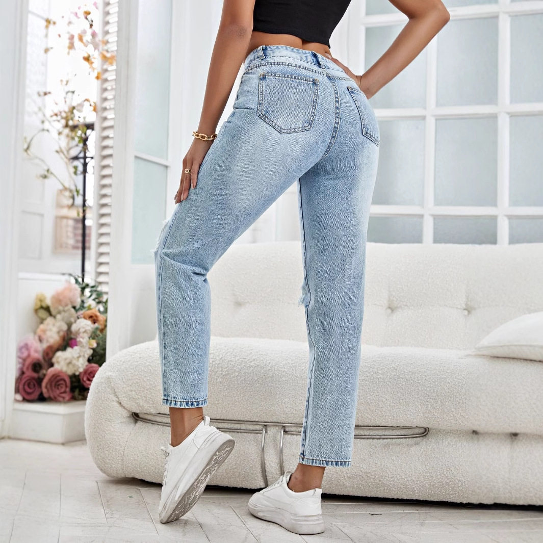 Womens Distressed Straight Leg Jeans Casual Style Versatile Fit Trendy Design Perfect for Everyday Wear Ready to