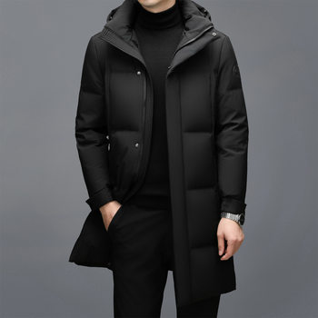 Men's Mid-Length down Jacket with Fleece Lining, Thickened for Warmth, Detachable Hood, New Winter Men's Coat with a High-End Feel