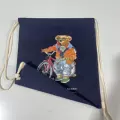 Cycling boy - bear pulling cart drawstring bag - navy blue