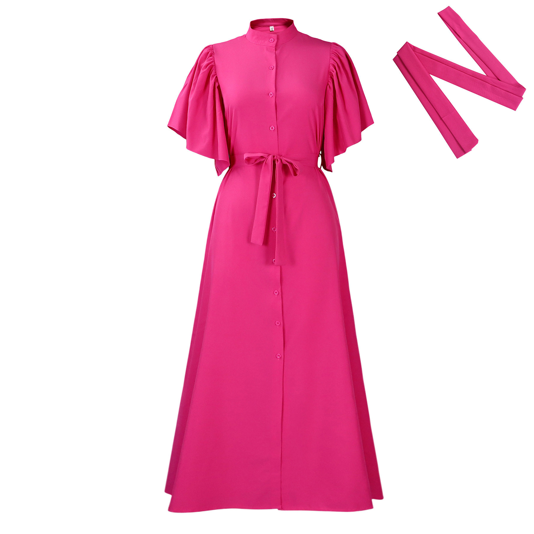 Fashionable Summer Long Dress Loose Fit Belted Single Breasted Flared Sleeves Perfect for Casual Outings