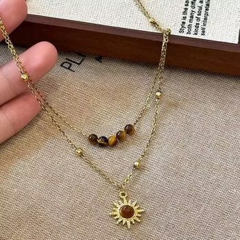 Maillard Sun Flower Brown Tiger Eye Stone Necklace Niche Stacking Clavicle Chain Retro High-End Necklace for Women