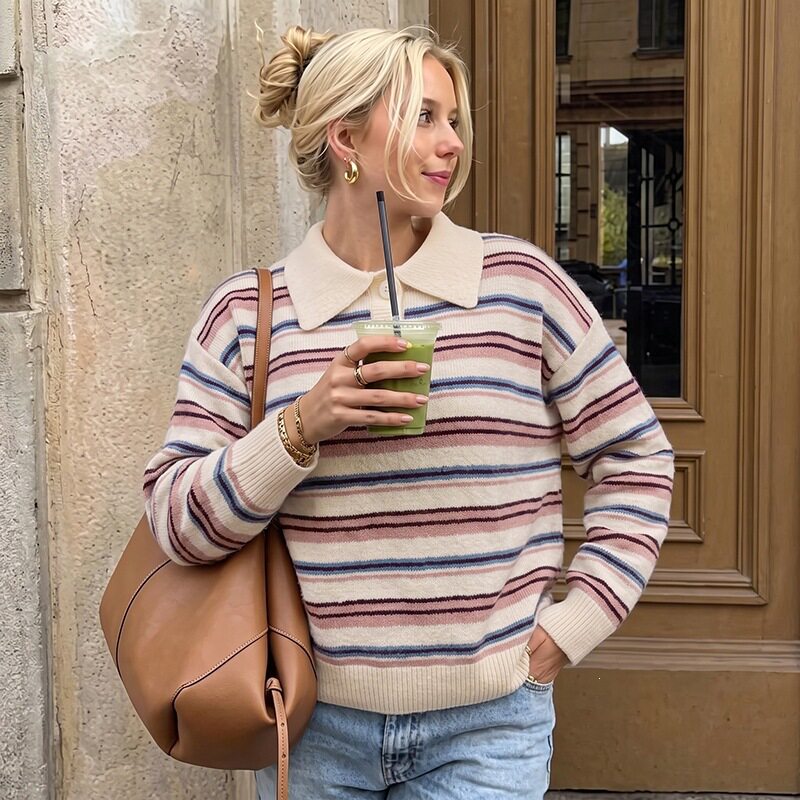 French Style Colorful Striped Long Sleeve Sweater for Women Relaxed Fit Classic Collar Versatile Fashion OEM Available