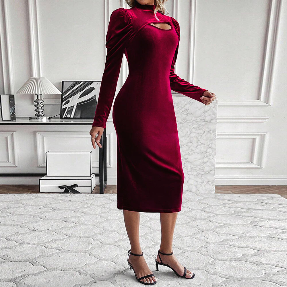 Velvet Bodycon Dress Hollow Out Design Slim Fit Elegant Silhouette Evening Party Wear Wholesale Available