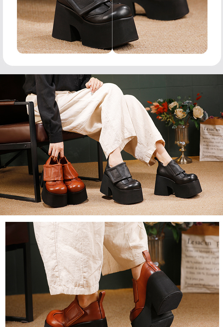 Giày nữ da bò thật đế dày tăng chiều cao dán quai — đen, nâu