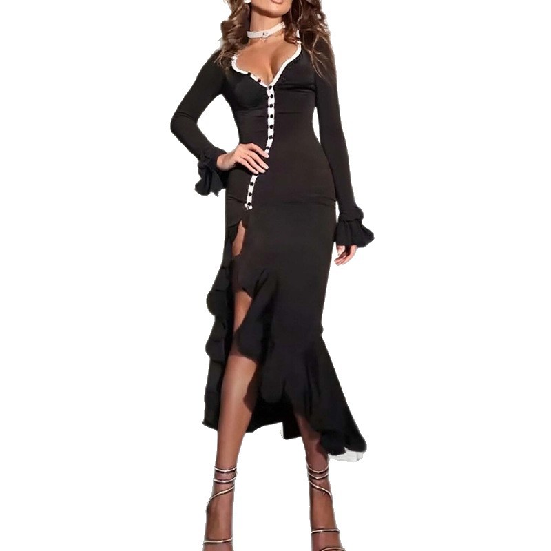 Spring Womens Dress Fashionable Slim Fit Ruffle Hem Side Split Elegant Occasion Wear Wholesale Available