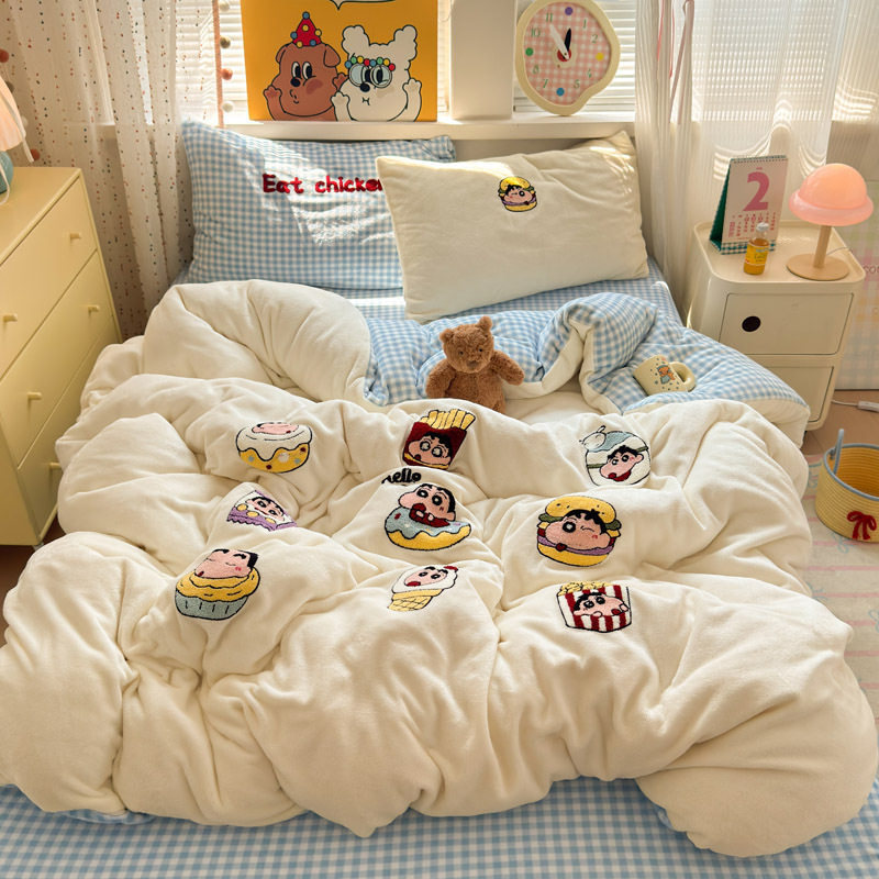 Crayon Shin-Chan Milk Velvet Bed Four-Piece Set Cartoon Coral Velvet Single Quilt Cover Bed Sheets and Fitted Bed Sheets Thickeneded Three-Piece Set