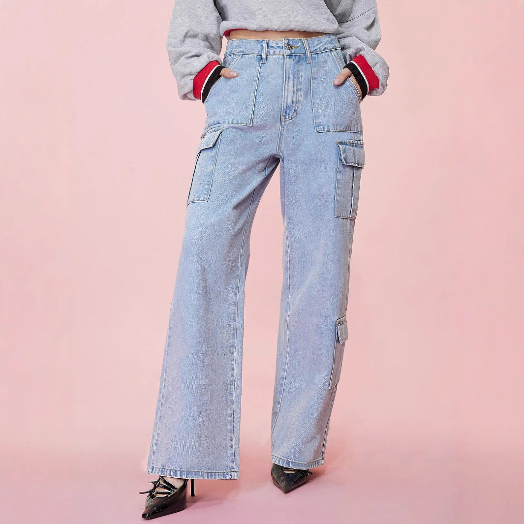 High Waisted Wide Leg Denim Trousers Loose Fit Utility Pockets Casual Style Womens Fashion Ready to Ship