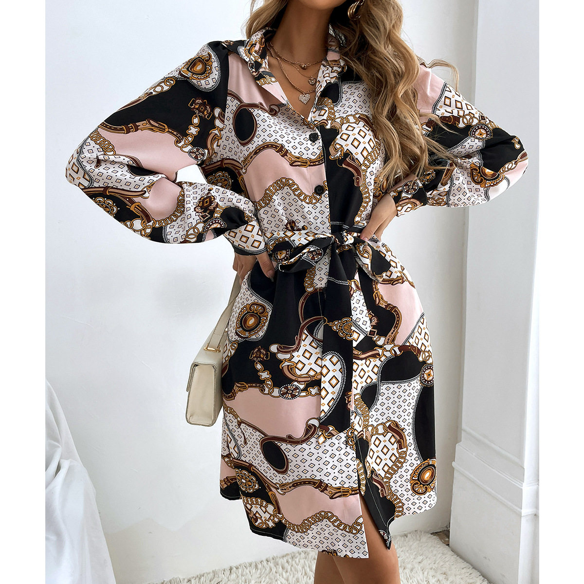 Long Sleeve V Neck Floral Print Dress Sexy Design Adjustable Tie Trendy Style Perfect for Parties or Casual Wear