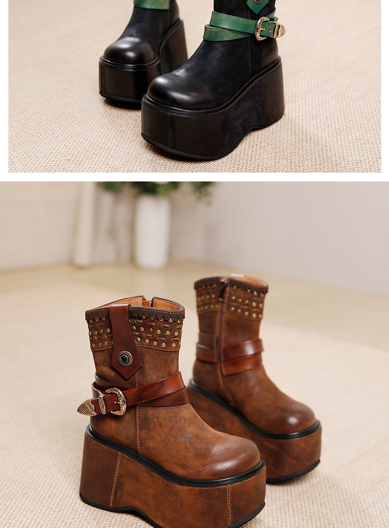 Boot nữ cổ trung da bò thật đế dày khóa kéo bên hông — Màu cà phê, Màu đen