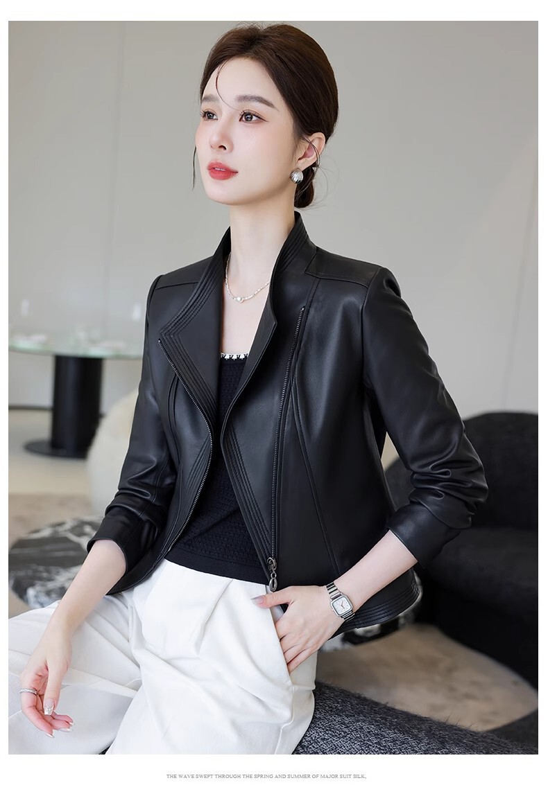 Áo khoác da cừu nữ dáng ngắn cổ đứng ôm body — Màu đen