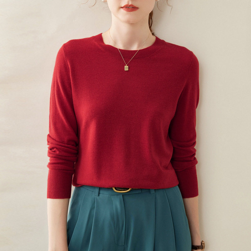 美丽诺精纺超细100纯羊毛衫女士薄款圆领套头毛衣内搭针织打底衫