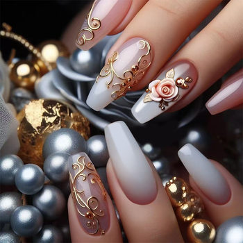 Cross-border best selling 25 years Valentine's Day bright relief porcelain white gradient gold line rose ballet foreign trade manicure 24 pieces