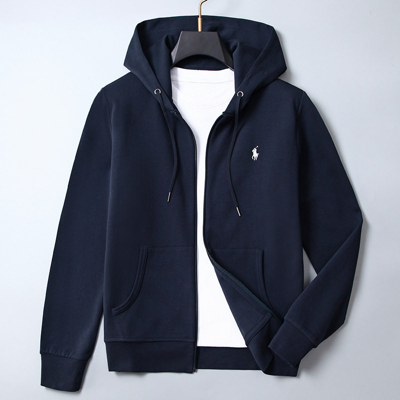 Cross-Border Men's Zip-Up Sweatshirt, Men's Fleece-Lined Winter Hoodie, Heavyweight Trendy Brand Pony Logo Embroidered Cardigan Sweatshirt Jacket