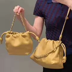 2025 New Model Yang Mi Style Genuine Leather Drawstring Chain Lucky Bag Cloud Bag Fashionable Shoulder Crossbody Handbag Bucket Bag