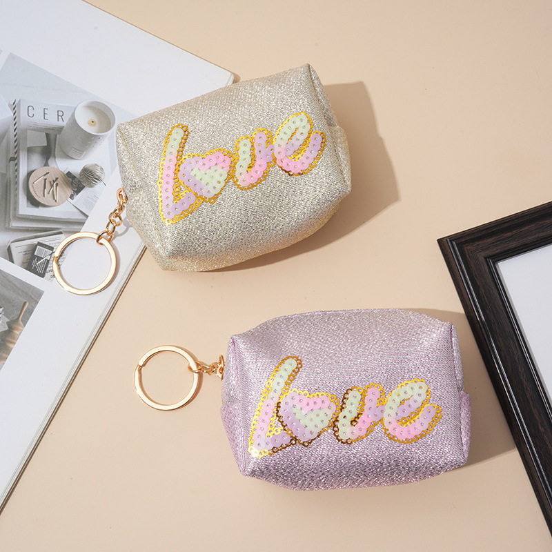 New Arrival Gloss Pink Sequins Embroidered Love Coin Purse Mini Lipstick Headphone Bag Waterproof with Keychain Small Bag