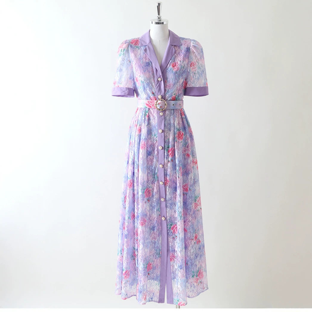 Vintage Lace Pink Dress with Suit Collar Short Sleeve Plus Size French Style Elegant Occasion Wear Wholesale