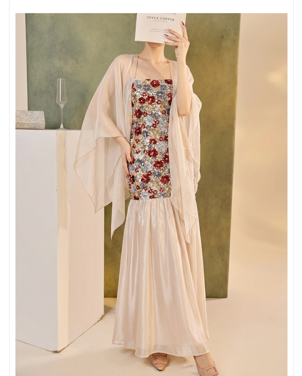 Bộ đầm hai dây thêu hoa kèm khăn choàng cardigan dáng dài — Khăn choàng màu be (giao hàng trong 7 ngày), Váy hai dây (giao hàng trong 7 ngày), Váy hai dây (giao hàng trong ngày), Bộ sản phẩm (giao hàng trong 7 ngày)