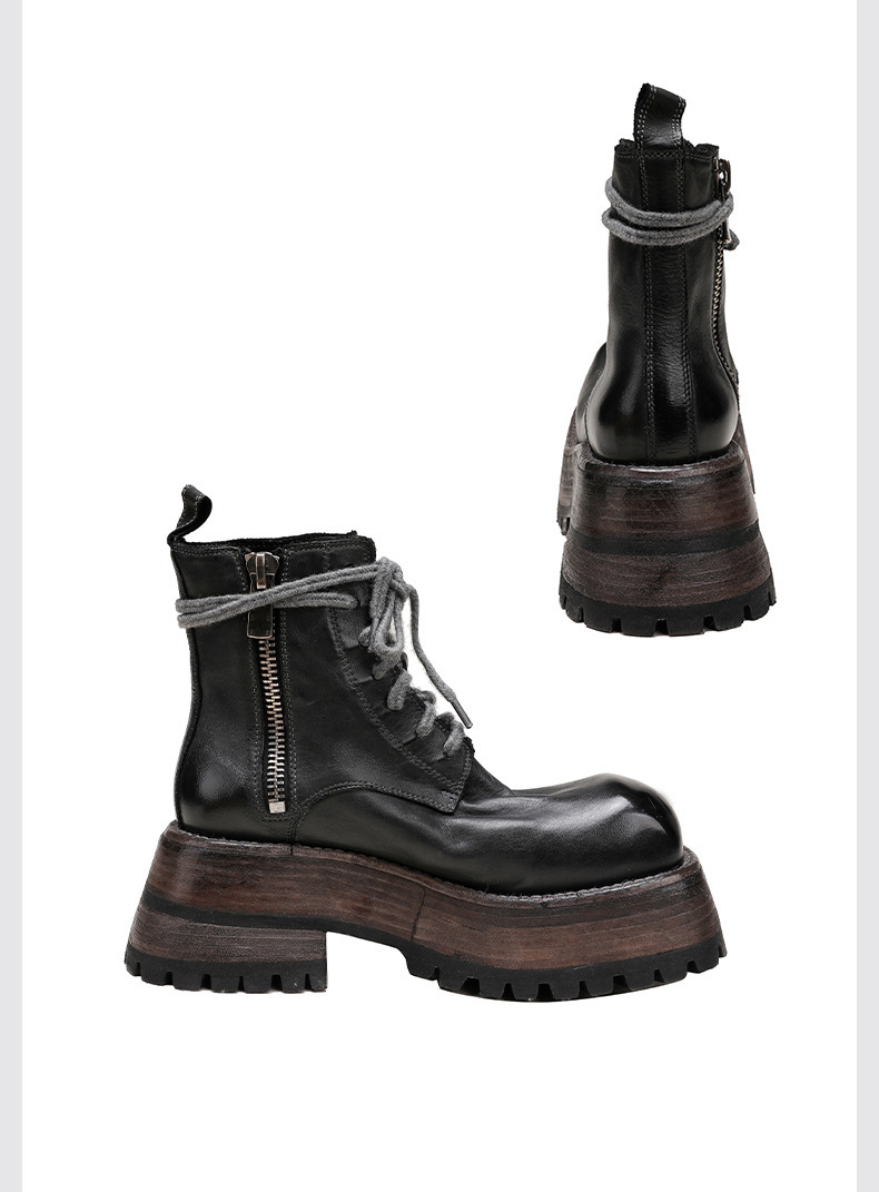 Boot Martin nữ da bò thật đế dày gót cao cổ ngắn — Màu đen, Màu xám