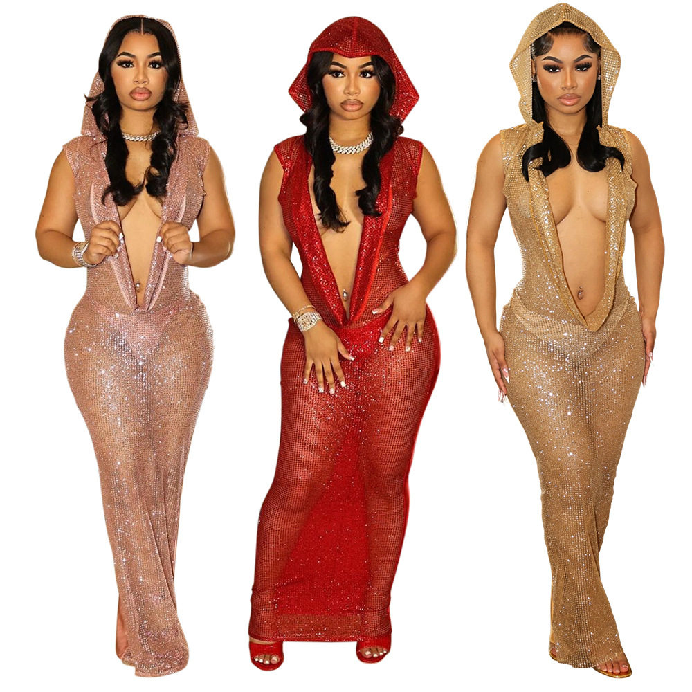 CY901151 เซ็กซี่ลึก V ดูผ่านชุดยาวประดับด้วยเลื่อมในยุโรปและ...