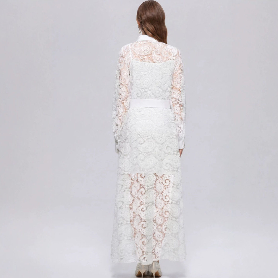 French Romantic Style Lace Dress Stand Collar Lantern Sleeves Slim Fit A Line Silhouette Elegant Summer Occasion