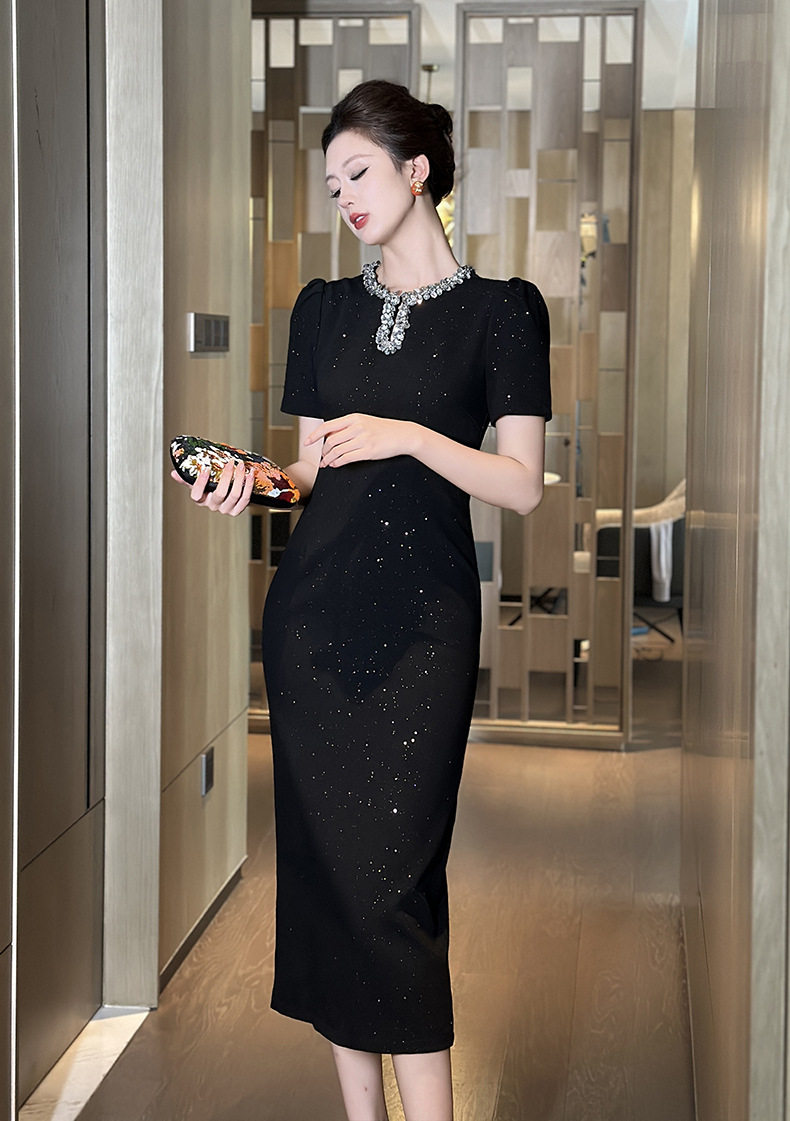 Đầm ôm body nữ cổ tròn tay ngắn, phong cách tiểu thư sang trọng, đính sequin lấp lánh, dáng dài ôm eo — [Đen] chi tiết 6