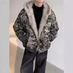 American Style Retro Washed Camouflage Fur Collar Hooded Jacket Thickened Jacket Men's Niche Design Sense Plutton Handsome Loose Cotton-padded Jacket