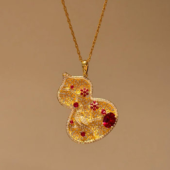 Chinese-Style Red Corundum Flower Window Fortune Pendant New Chinese Hollow Colored Diamond Flower Magpie Plum Gourd Necklace for Women
