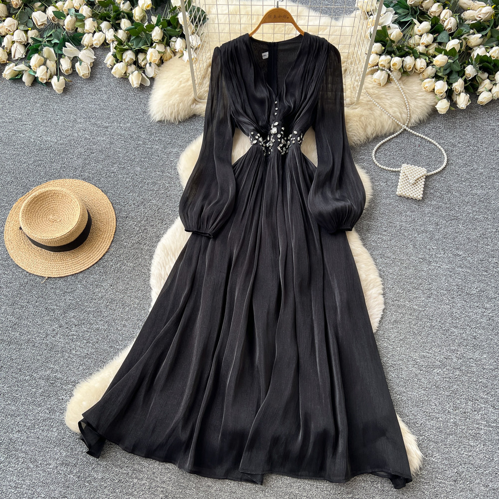 Vintage French Style Red V Neck Lantern Sleeve Beaded Maxi Dress for Women Slim Fit Elegant Flowy Design Perfect for