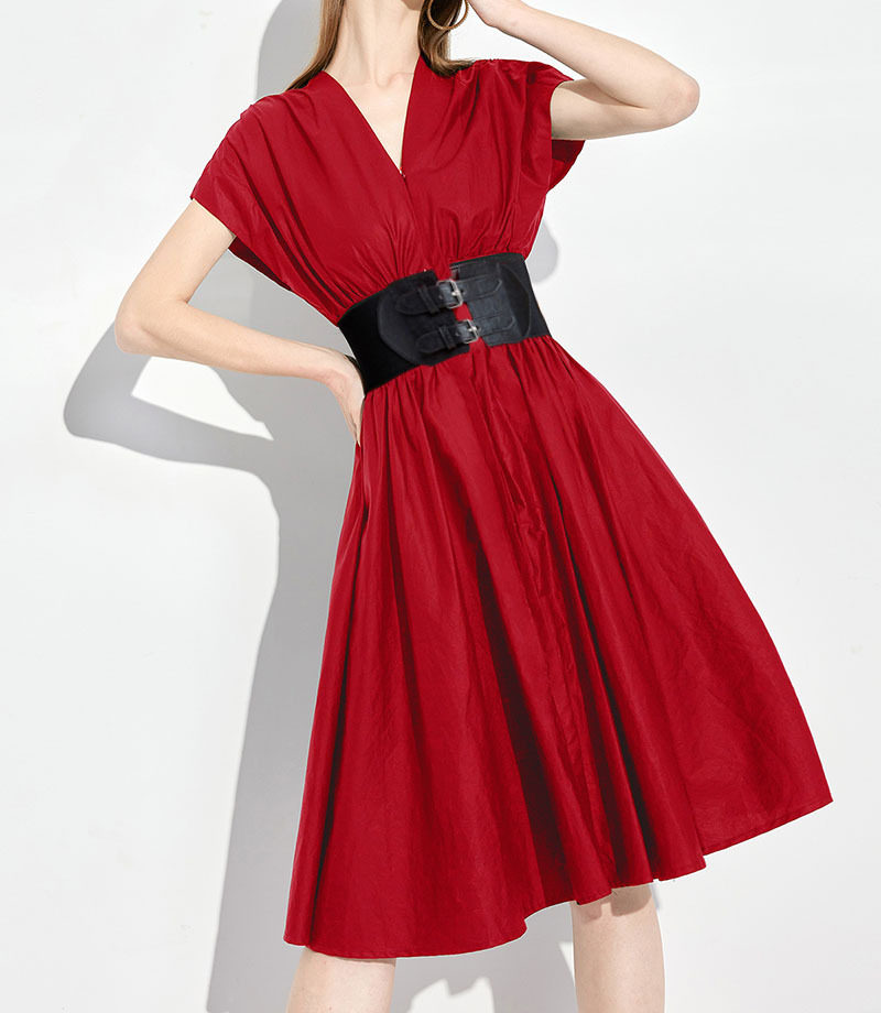 Đầm maxi nữ thắt eo cổ V tay ngắn — Đỏ chi tiết 7