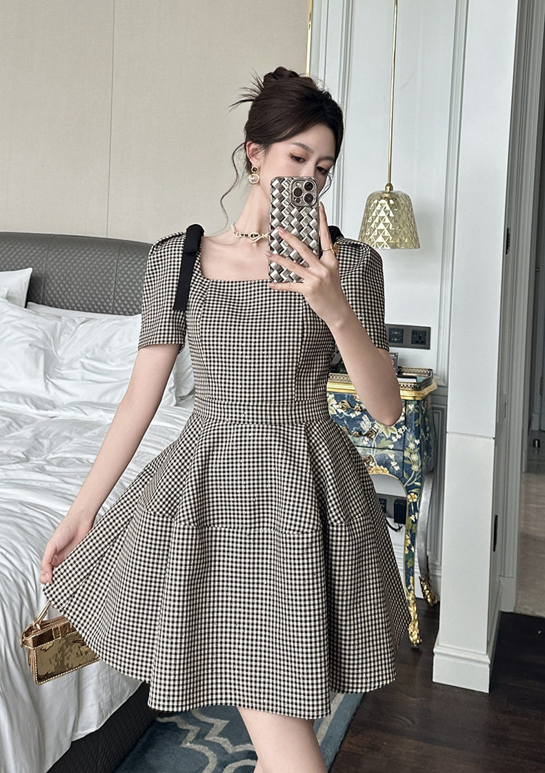 Đầm suông nữ ô vuông retro phong cách Hàn tay bồng — [Xám ô vuông] chi tiết 1