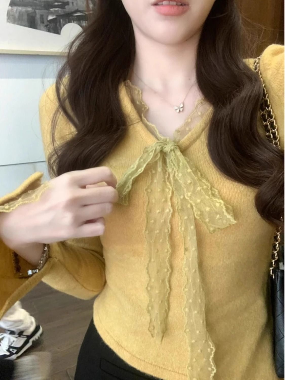 Apricot Lace Bow V Neck Long Sleeve T Shirt for Women Soft Fabric Irregular Hem Spring Layering Top