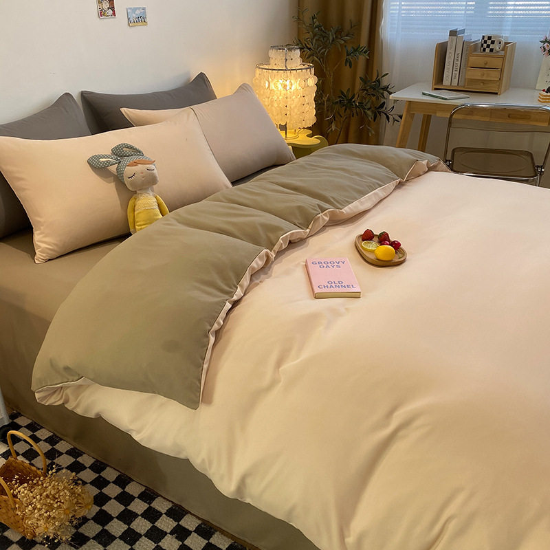 Yaxue Yuanfang Pure Color Quilt Cover Single Piece Bed Bed Sheets Four-Piece Dormitory Three-Piece Quilt Cover Brushed Washed Cotton Four-Piece Set